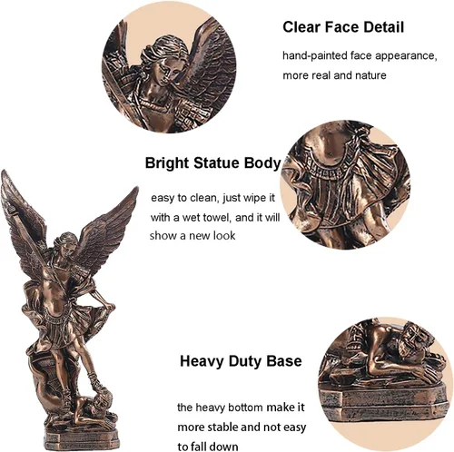 Vista 2 de Estatua de San Miguel Arcángel de 31.8 cm de alto, santo arcángel Miguel derrotó al dragón malvado, escultura de ángel de batalla religiosa