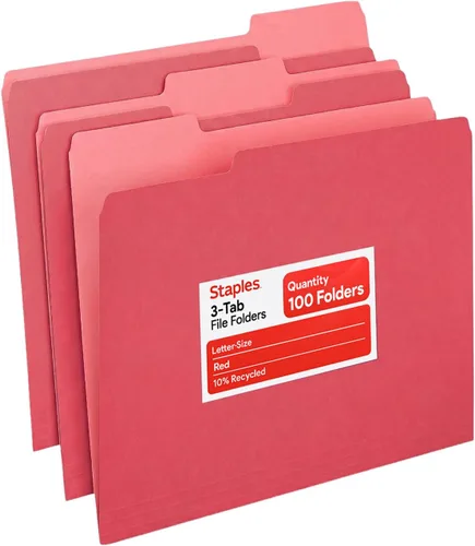 Vista 10 de Staples Carpetas de archivos de colores, tamaño carta, diseño de pestaña superior de 3 pestañas, papel duradero de 10.5 puntos, paquete de 100