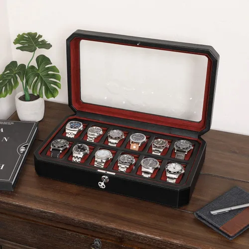 Vista 2 de ROTHWELL Caja de reloj de cuero con 12 ranuras, organizador de lujo para relojes, forro de microgamuza, soporte para relojes de joyería para hombre