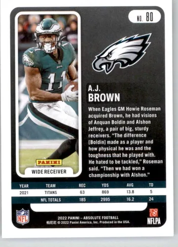 Vista 2 de 2022 Panini Absoluto #80 A.J. Brown Philadelphia Eagles Fútbol NM-MT