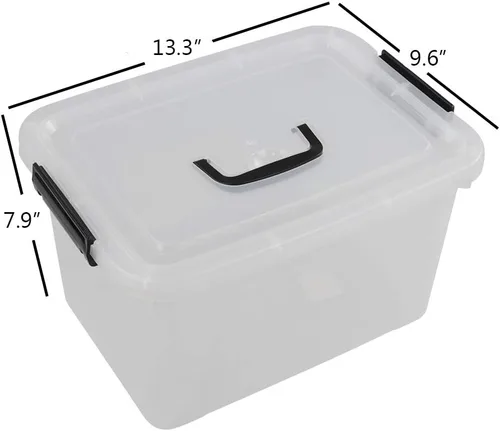 Vista 2 de Caja de almacenamiento de plástico de 10 L, caja de pestillo transparente con asa, juego de 4 Pestillos de bloqueo apretado, para armario, garaje