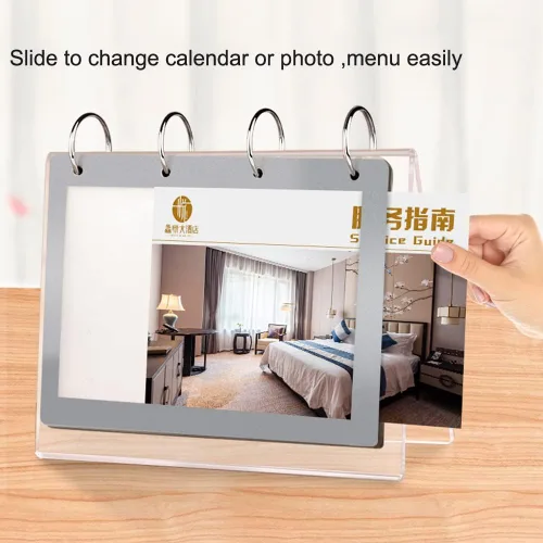 Vista 7 de Organizador de calendario acrílico, soporte de menú para fotos, escritorio de mesa, álbum abatible con pantalla de bolsillo de PVC, fotos