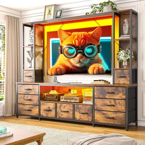 Vista 8 de EnHomee Soporte de TV de 65 pulgadas para sala de estar, gran centro de entretenimiento con 11 cajones de tela, 2 luces LED y tomas de corriente