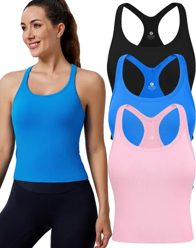 Vista 10 de Women's Workout Tank Tops, with Built in Bra Racerback Seamless Crop Tops Negro Blanco Gris 3 Pack