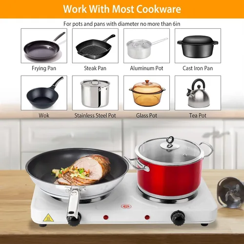 Vista 5 de Moclever - Placa caliente doble para cocinar, quemador doble eléctrico, estufa eléctrica portátil de 2000 W con control dual independiente y control