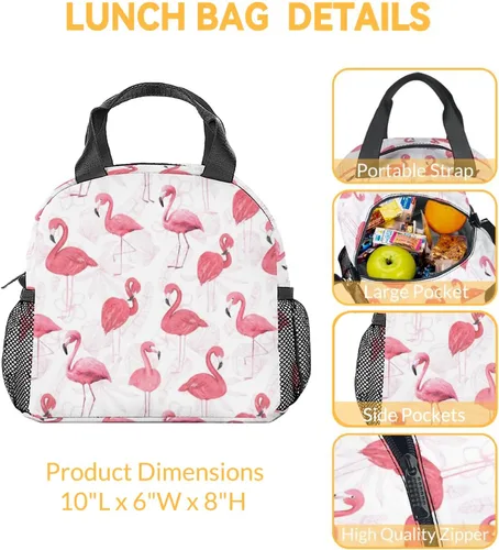 Vista 3 de Lonchera de flamenco para niñas, pequeñas bolsas de almuerzo aisladas, bonita lonchera reutilizable para mujeres, bolsas de almuerzo portátiles
