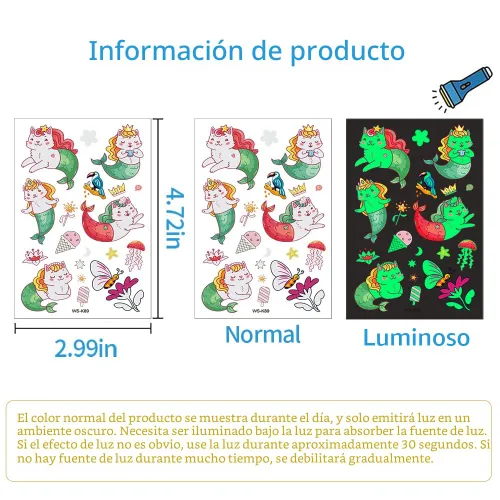 Vista 6 de Awinmay 310 piezas de tatuajes temporales luminosos para niños, estilos mixtos de tatuajes que brillan en la oscuridad para niños y niñas, pegatinas