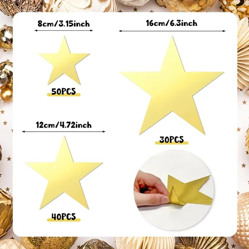 Vista 2 de 120 recortes dorados con purpurina de cinco estrellas, recortes de estrellas de papel para tablón de anuncios, estrellas, aula, pared, fiesta