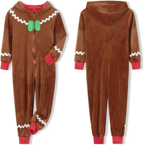 Vista 3 de Disfraz de hombre de jengibre para adultos, disfraz de pan de jengibre para niños, disfraz de Navidad, cosplay, overol con capucha para niño y niña