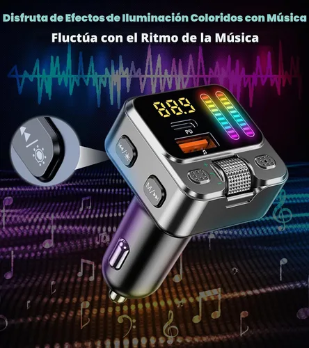 Vista 5 de Adaptador de coche Bluetooth 5.3 con transmisor FM 42W PD carga rápida Bluetooth AUX USB Music Receiver HandsFree Calls, Beat Sync LED Lights for
