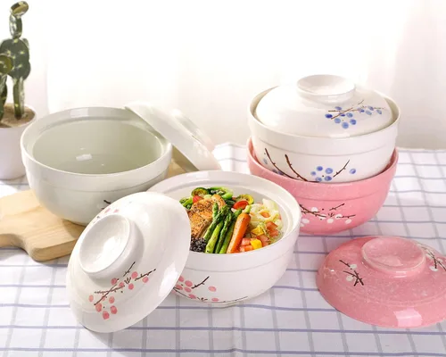 Vista 7 de WHJY Vajilla japonesa creativa de cerámica pintada a mano con tapa para sopa y fideos, con función de preservación del calor, cuenco y tapa azul