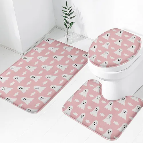 Vista 12 de Juego de 3 tapetes de baño de Halloween de bienvenida, diseño de fantasma, boo, gato, bruja, murciélago, calabaza, juego de alfombrillas de baño