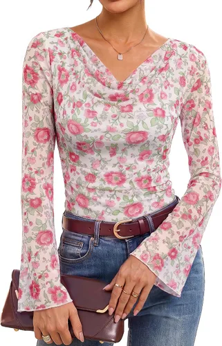 Vista 16 de GRACE KARIN Blusas de malla estilo bohemio para mujer, estilo casual