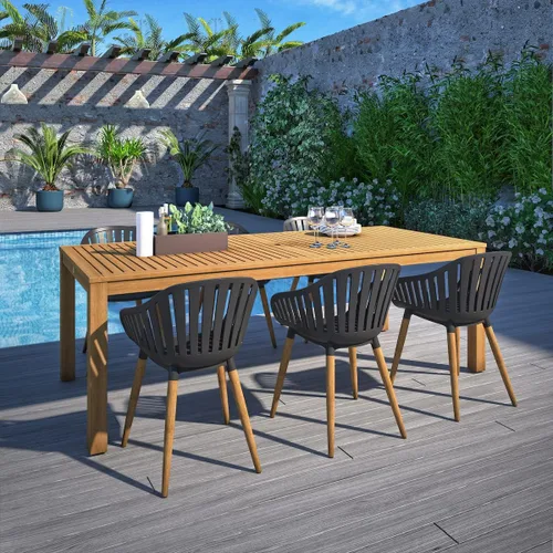 Vista 12 de Brampton Patio Brampton Venice - Juego de comedor rectangular de 7 piezas, acabado de teca oscura y sillas grises, ideal para patio y exteriores