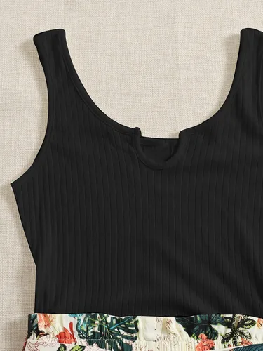 Vista 3 de Floerns Mameluco de verano para mujer, estampado tropical, sin mangas, cuello con muescas, cintura alta