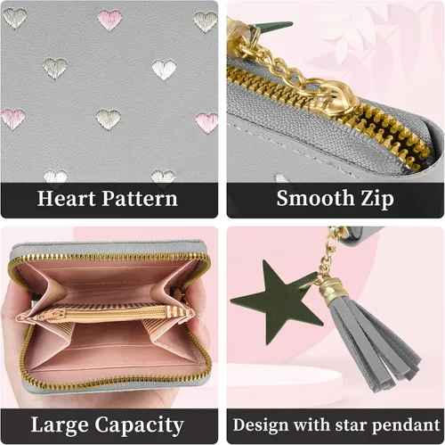 Vista 3 de WisePoint Cartera para mujer, de piel sintética, tarjetero con colgante de estrella, cartera de color sólido, Gris, Moda