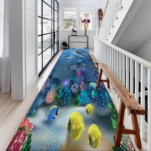 Vista 31 de Alfombra de pasillo larga con diseño de tortuga de acuarela, 2 x 6 pies, alfombra de camino de tortuga azul agua de mar para pasillos, alfombra
