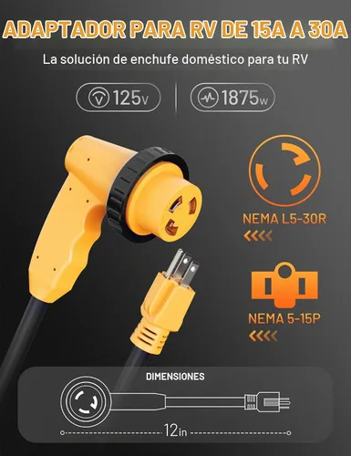 Vista 3 de MECMO Adaptador de 30 amperios a 110 RV con conector de bloqueo, cable de enchufe de alimentación NEMA 5-15P a L5-30R, adaptador doméstico de 15 A
