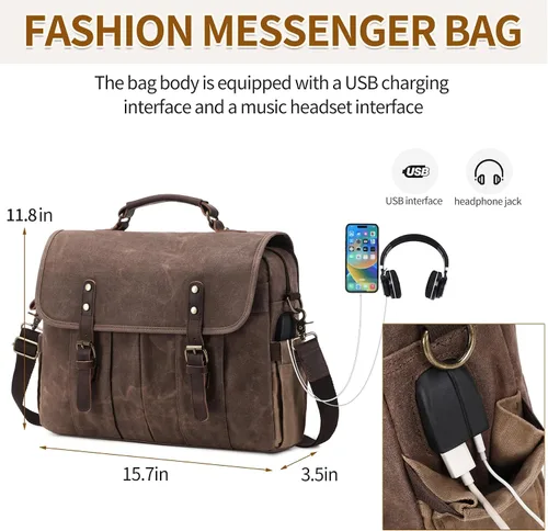 Vista 4 de NerIion Bolsa de mensajero para hombres de 15.6 pulgadas de lona vintage maletín de cuero genuino para hombres bolsa de computadora portátil bolsa