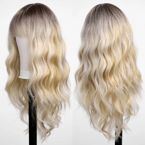 Vista 3 de HAIRCUBE Peluca rubia con reflejos, peluca larga y rizada con flequillo, peluca marrón, aspecto natural, resistente al calor, peluca sintética