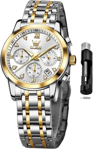 Vista 12 de OLEVS Reloj multifuncional de dos tonos para mujer, reloj analógico de cuarzo para mujer, de acero inoxidable, resistente al agua, con diamantes