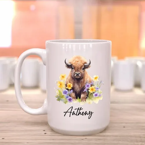 Vista 4 de Taza de café de bisonte personalizada de 11 onzas y 15 onzas, taza de té blanca de bisonte bebé, regalos para niñas, niños, niñas, niños, mejores