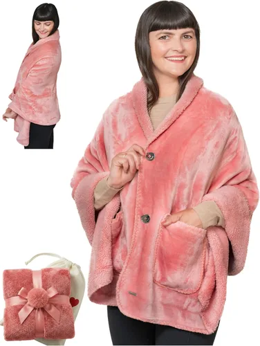 Vista 10 de EzrAllora Manta Poncho de Doble Capa Premium para Mujeres -Ponte y Listo Sin Mangas- Chal de Vellón Sherpa con Bolsillos - Manta Vestible - Regalos