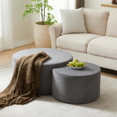 Vista 9 de Juego de 2 mesas de centro redondas negras de 55.12 pulgadas, mesa lateral moderna para sala de estar, diseño contemporáneo de círculo de madera
