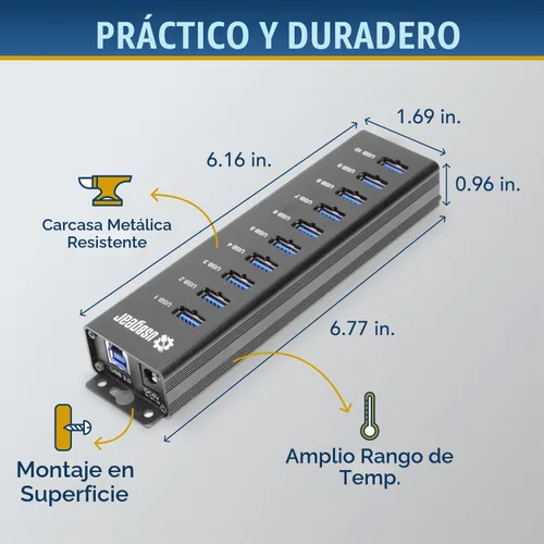 Vista 3 de USBGear Concentrador USB de 10 puertos 3.2 Gen 1 – Concentrador de datos supervelocidad montable con puertos USB para laptop, PC, escritorio y más