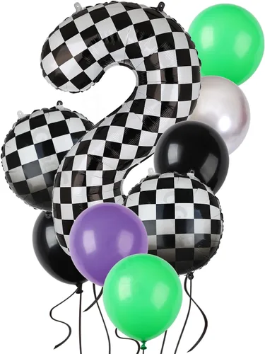 Vista 9 de Paquete de globos de auto de carreras azul y negro de 40 pulgadas, globo de números a cuadros 2 en blanco y negro, globos de látex para niños, dos