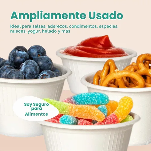 Vista 4 de Fit Meal Prep [Paquete de 100] Vasos desechables compostables para condimentos y muestras de 2 onzas, tazas biodegradables de fibra de bagazo