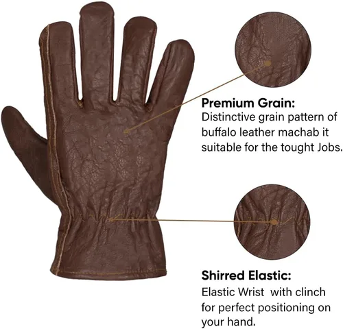 Vista 3 de Guantes de cuero de búfalo premium, guantes de trabajo sin forro (marróncoñac)