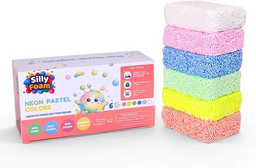 Vista 9 de Espuma Tonta, Cuentas de Espuma de Modelado Creativo, Paquete de 2 de 6 Primarios + 6 Bloques Pastel Neón, Sin Slime Sin Desorden, Perfecto