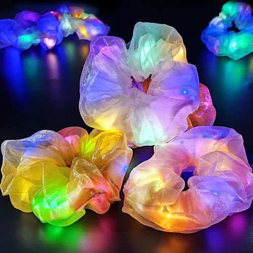 Vista 12 de Scrunchies LED, 18 piezas multicolor que brillan en la oscuridad suministros de fiesta, recuerdo de fiesta de neón, accesorios de festival rave