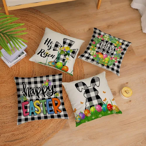 Vista 2 de Juego de 4 fundas de almohada de Pascua de 18 x 18 pulgadas, fundas de almohada decorativas de primavera, fundas de cojín para decoración de sofá al