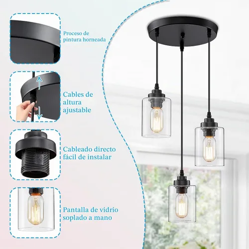 Vista 2 de SKEJAO - Lámpara colgante de 3 luces para isla de cocina Negro mate