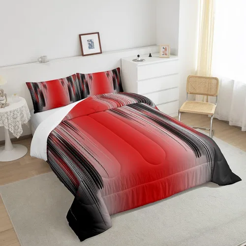 Vista 4 de jejeloiu Juego de edredón rojo y negro para niños y niñas, edredón rojo degradado, tamaño individual, geometría desordenada, óxido, juego de ropa