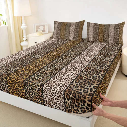Vista 20 de Sábana bajera ajustable con estampado de leopardo, tamaño individual, juego de ropa de cama rústica con rayas de piel de cebra, decoración