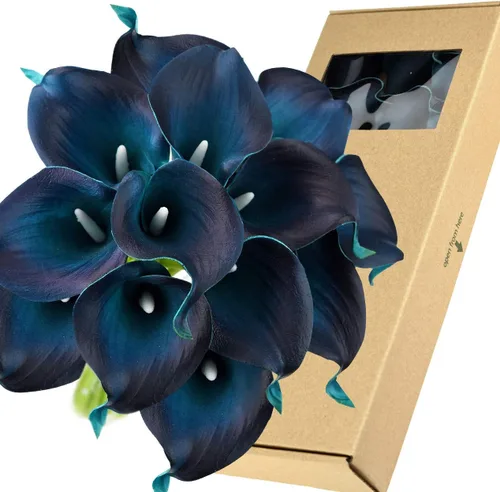 Vista 16 de FiveSeasonStuff Real Touch - Ramo de flores artificiales de lirio de cala para novia, arreglos florales, 15 lirios de cala (azul cerúleo)