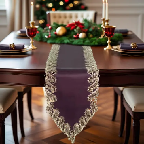 Vista 7 de DECOZEN Camino de Mesa Navideño Dorado con Ciruela – Bufanda Decorativa Bordada para Comedor y Tocador para Mesas Navideñas, Bodas y Fiestas – 14 x