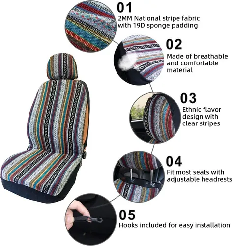 Vista 5 de Funda de Asiento de Coche Manta Baja Saddle 4PCS Delantera a Rayas Multicolor, Funda de Asiento Hippie Boho de Ajuste Universal para Toyota, Honda