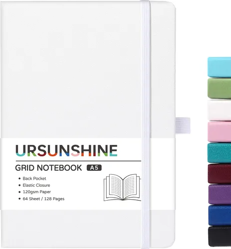 Vista 50 de Cuaderno punteado, diario, 5.3 x 8.26 pulgadas, tapa dura, prémium, papel grueso, doble espiral, bandas, cuero negro sintético, lazo para bolígrafo