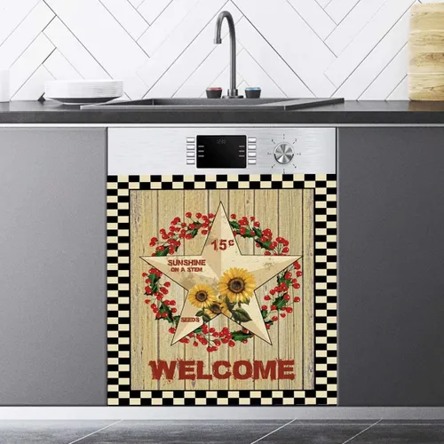 Vista 3 de Prim Barn Star - Adhesivo para lavavajillas, cubierta de madera de campo, cubierta de calcomanía decorativa de cocina con corona de sol, cubierta