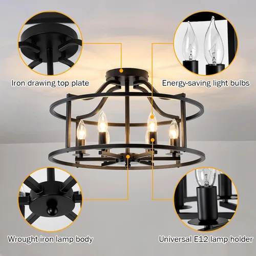 Vista 3 de UOFUS Lámpara de techo negra de 6 luces de metal para comedor, moderna, industrial, semiempotrada, para cocina, isla, dormitorio, entrada, pasillo