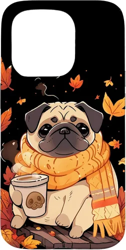 Vista 14 de Pug - Carcasa Kawaii para iPhone 17, diseño de hojas de otoño y calabaza