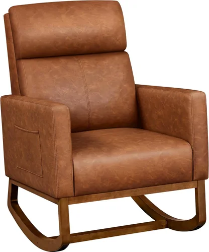 Vista 11 de Yaheetech Silla mecedora para sala de estar, silla deslizante tapizada con bolsillo lateral, silla decorativa moderna con respaldo alto cómodo Beige