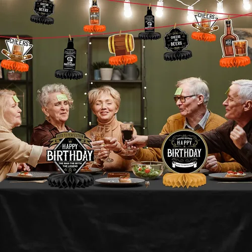 Vista 5 de Decoraciones de fiesta de cumpleaños con patrón de whisky para hombres, centro de mesa de whisky en forma de panal, decoraciones de mesa