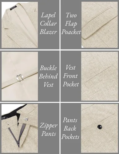 Vista 5 de COOFANDY Trajes ajustados de 3 piezas para hombre, con un botón, chaleco, pantalones de traje con corbata