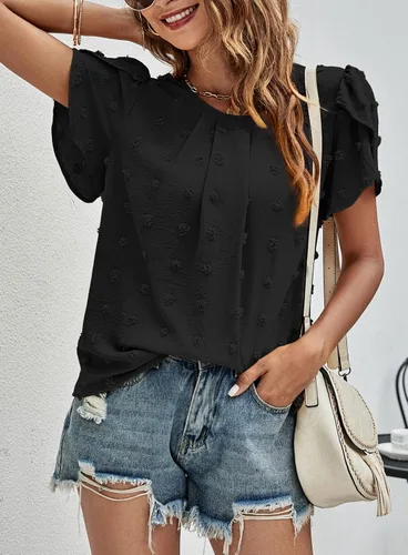 Vista 3 de Beaully Blusas de verano para mujer, estilo bohemio, de manga corta, cuello redondo, encaje de ganchillo, blusas de gasa