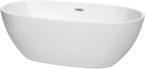 Vista 12 de Juno - Bañera independiente de 63 pulgadas, color blanco, con drenaje de níquel cepillado y ribete de desbordamiento